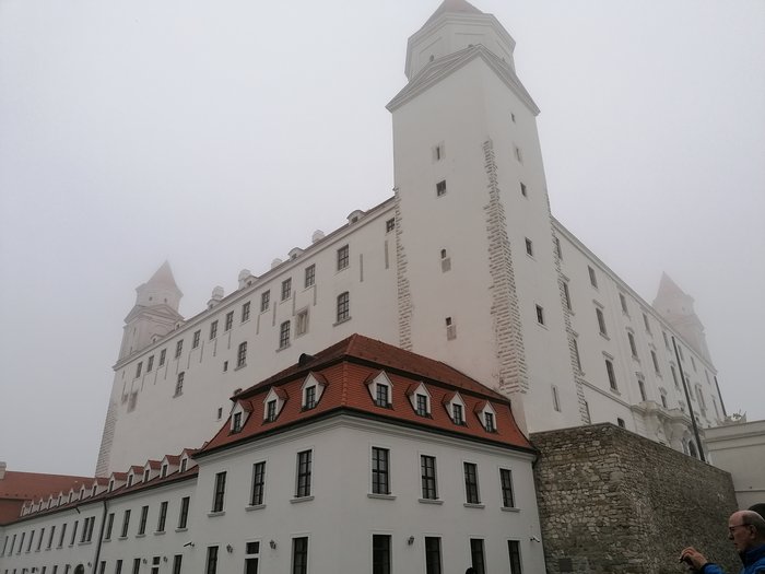 Auf Reisen: Althandwerker auf Flusskreuzfahrt Weißes Schloss mit roten Dächern im Nebel gesehen
