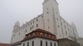 Auf Reisen: Althandwerker auf Flusskreuzfahrt Weißes Schloss mit roten Dächern im Nebel gesehen