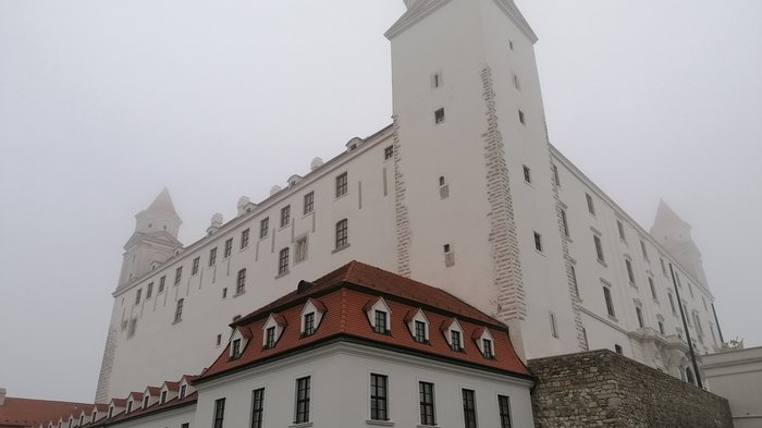 Auf Reisen: Althandwerker auf Flusskreuzfahrt Weißes Schloss mit roten Dächern im Nebel gesehen