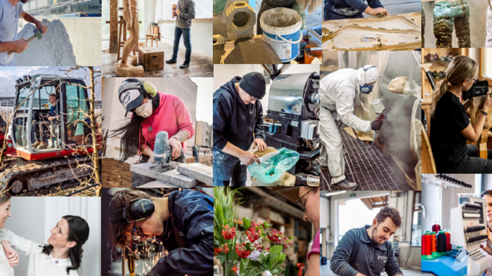 Holzbaumeister und Zimmerer im lvh: „Die Ausbildung ist der Schlüssel“ Menschen bei verschiedenen handwerklichen und künstlerischen Tätigkeiten