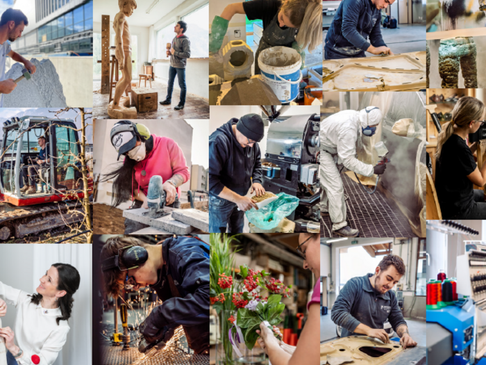 Jung. Motviert. Handwerk: Arbeit, die zählt Menschen bei verschiedenen handwerklichen und künstlerischen Tätigkeiten