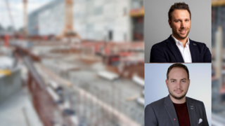 News Zwei Geschäftsleute vor unscharfem Baustellenhintergrund