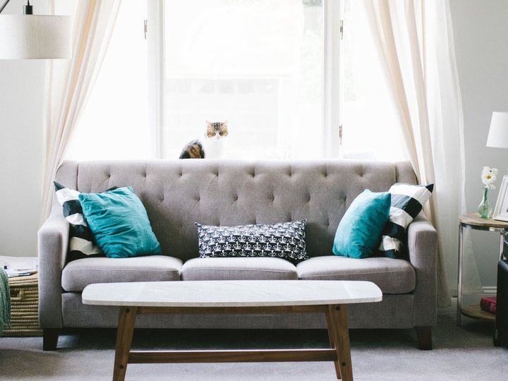 Tapezierer - Raumausstatter Wohnzimmer mit grauem Sofa und Katze auf der Fensterbank