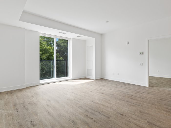 Startschuss für digitale Leerstandserhebung in allen Gemeinden Helle, leere Wohnung mit Holzboden und großen Fenstern mit Blick auf Bäume