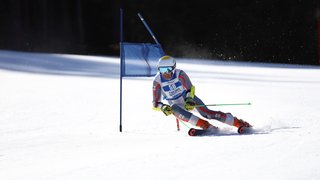 News Skirennfahrer fährt bei Sonnenschein um eine blaue Torstange