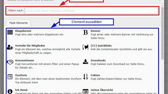 TESTSEITE Dialogfenster Neues Inhaltselement mit Suchfeld und Auswahl verschiedener Mask Elemente