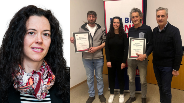 Frauenpower im Handwerk Portrait einer Frau mit schwarzen Locken und buntem Schal, Gruppenfoto mit Auszeichnungen
