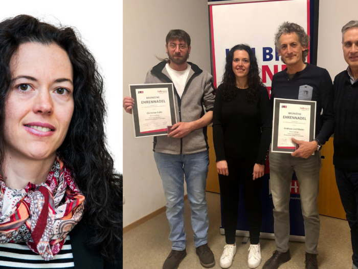 Frauenpower im Handwerk Portrait einer Frau mit schwarzen Locken und buntem Schal, Gruppenfoto mit Auszeichnungen