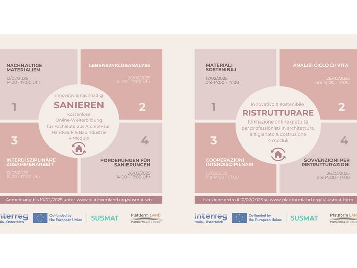 Online Weiterbildungen 2025: Innovativ & nachhaltig sanieren Flyer für kostenlose Online-Schulung zum nachhaltigen Sanieren mit vier Modulen 2025