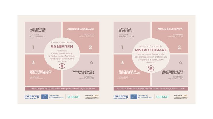 Online Weiterbildungen 2025: Innovativ & nachhaltig sanieren Flyer für kostenlose Online-Schulung zum nachhaltigen Sanieren mit vier Modulen 2025