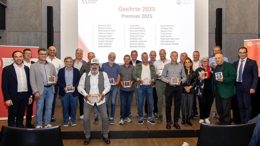 Foto di gruppo dei premiati 2025 con riconoscimenti sul palco
