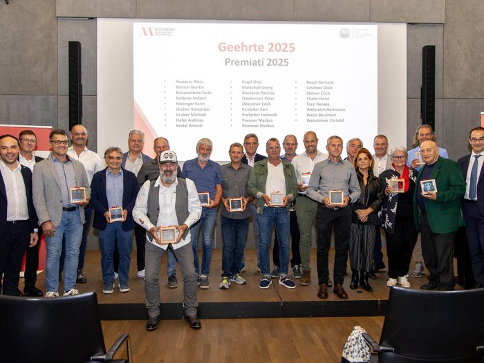 Ricevimento dell’Unione provinciale dei Maestri professionali altoatesini: premiati 19 Maestri con tanti anni di esperienza Foto di gruppo dei premiati 2025 con riconoscimenti sul palco