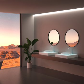 Planit GmbH Bagno moderno con grandi finestre e paesaggio desertico al tramonto