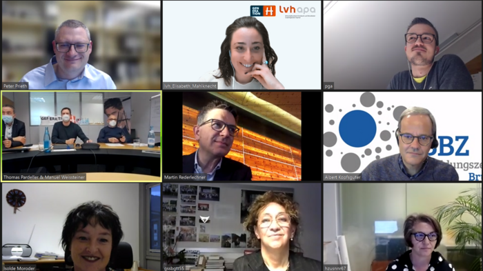 Austausch zwischen lvh und Berufsschulen Virtuelles Meeting mit neun Teilnehmern in einem Videoanruf