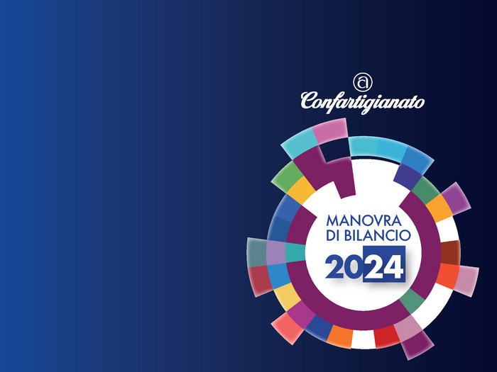 La manovra di bilancio 2024 Logo Confartigianato con testo Manovra di Bilancio 2024 e cerchi colorati