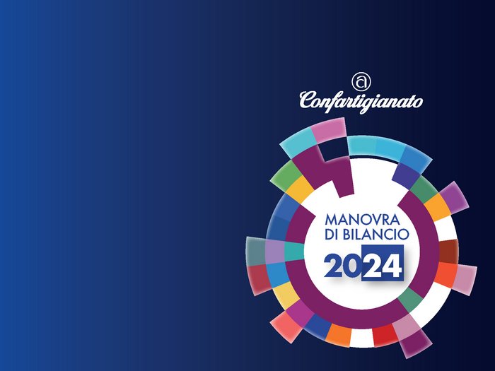 Bilanzgesetz 2024 Confartigianato Logo mit Manovra di Bilancio 2024 Text und bunten Kreisformen