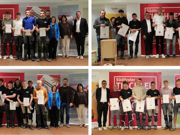 Junge Talente zeigen ihr Können: Tischler-Nachwuchs überzeugt beim Jugendwettbewerb 2026 Gruppenbilder von Personen mit Zertifikaten bei Südtiroler Tischler Veranstaltung