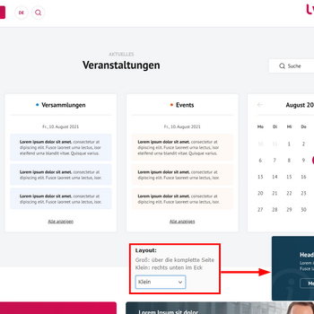Popups Website mit Veranstaltungen und Kalender für August 2021