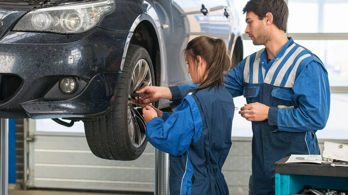 Voucher per i tirocini e contratti di apprendistato per donne impiegate nelle professioni “STEM” 2024/2025 Due meccanici in officina montano una ruota su un'auto sollevata