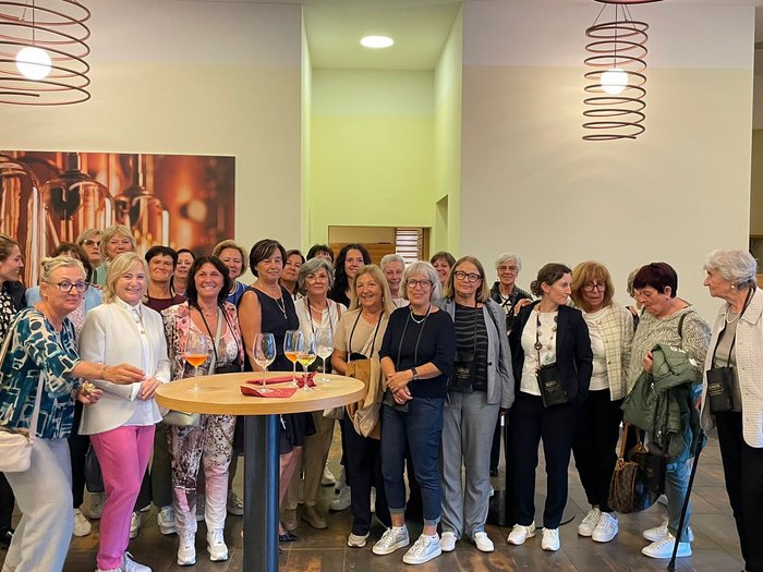 Frauenpower on Tour: Sommerausflug der „Frauen im Handwerk“ ins Fleimstal Große Gruppe Frauen bei Treffen in modernem Innenraum mit Getränken