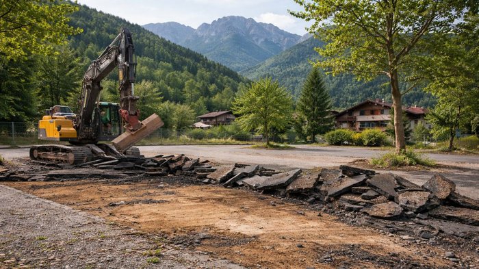 Avviso importante: telefonate fraudolente alle aziende Escavatore rimuove l'asfalto davanti a case in una valle boscosa con montagne