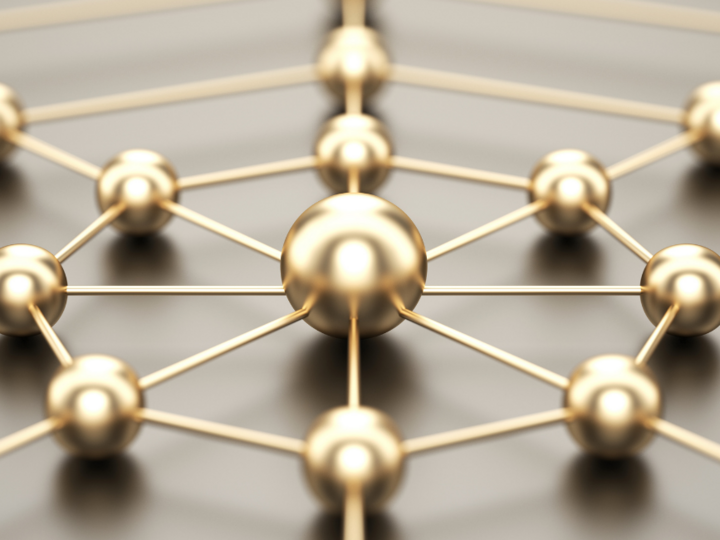 Collaborazioni & network Sfere dorate connesse da aste a formare un modello di rete simbolico