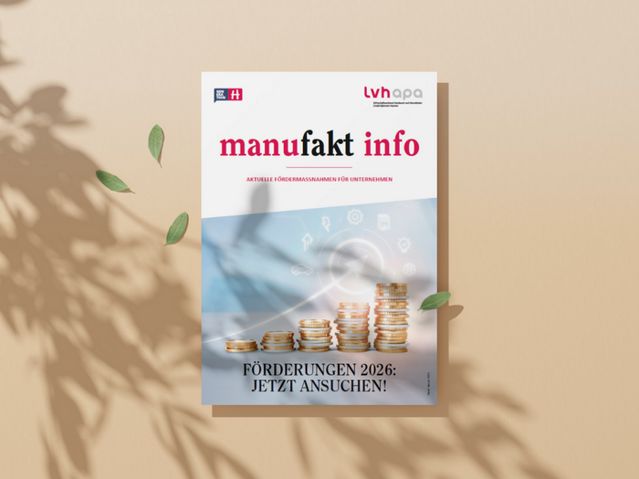 Jetzt über Förderungen informieren Flyer manufakt info über Förderungen 2026 für Unternehmen mit Münzstapel Grafik
