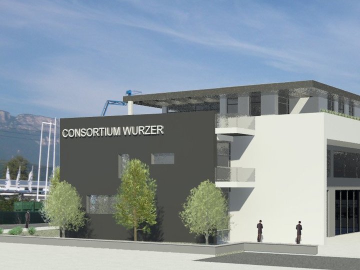 Insediamenti e spazi commerciali Edificio per uffici moderno Consortium Wurzer con auto parcheggiate e persone