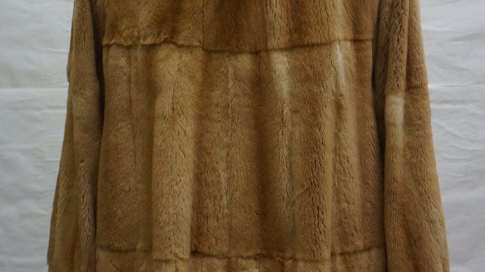 Pellicciai Vista posteriore di un cappotto di pelliccia marrone con cappuccio bianco su un manichino