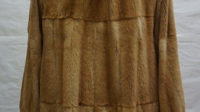 Pellicciai Vista posteriore di un cappotto di pelliccia marrone con cappuccio bianco su un manichino