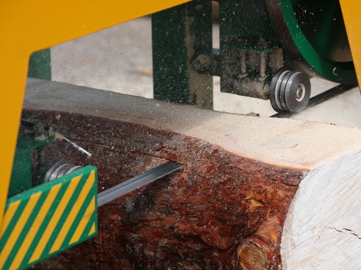 Segantini e produttori di imballaggi Segatrice a nastro taglia un tronco con trucioli di legno nell'aria