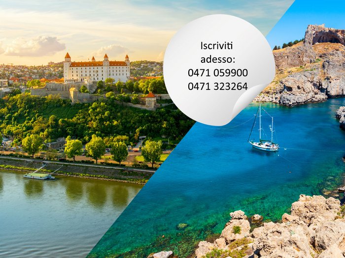 Artigiani Anziani in viaggio Veduta del castello di Bratislava e barca in acque limpide vicino a costa rocciosa