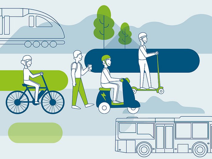 Bewerbung Südtiroler Mobilitätspreis Illustration von verschiedenen Verkehrsmitteln wie Zug, Fahrrad, E-Scooter, Bus und Fußgänger