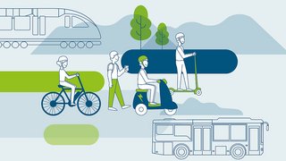 News Illustration von verschiedenen Verkehrsmitteln wie Zug, Fahrrad, E-Scooter, Bus und Fußgänger
