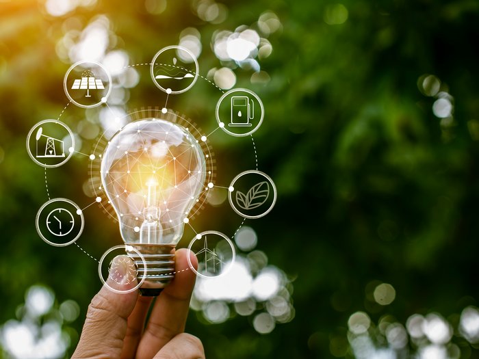 Wichtiges Signal: Energieförderungen 2024 Hand hält Glühbirne mit Symbolen für erneuerbare Energiequellen und Nachhaltigkeit