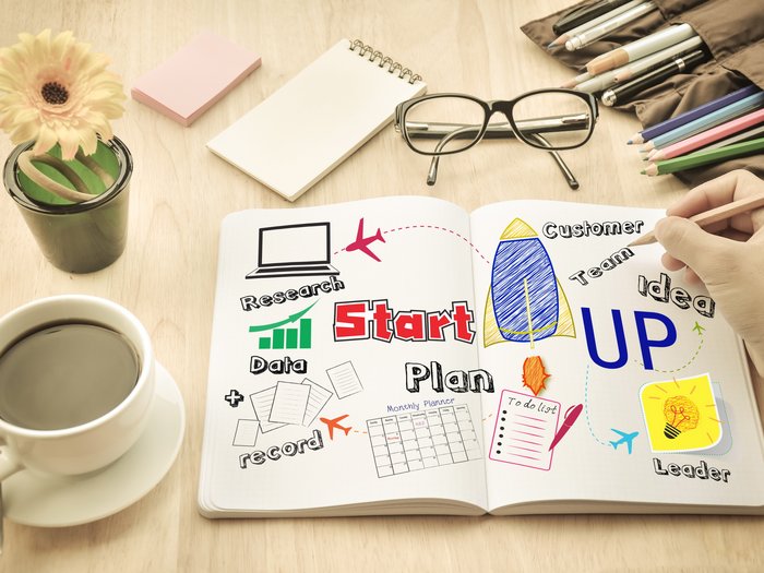 Schon angemeldet zur Kreativwerkstatt? Notizbuch mit Startup-Plan, Stiften, Brille, Kaffee und Blume auf Holztisch