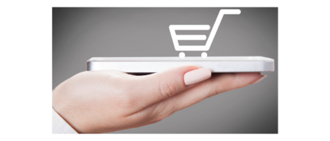 Sviluppo aziendale Mano che regge smartphone con icona carrello per shopping online