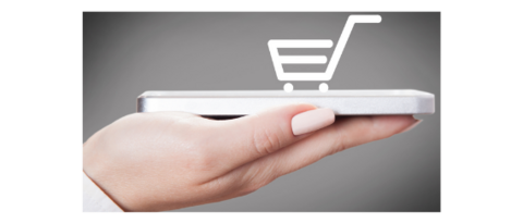 Sviluppo aziendale Mano che regge smartphone con icona carrello per shopping online