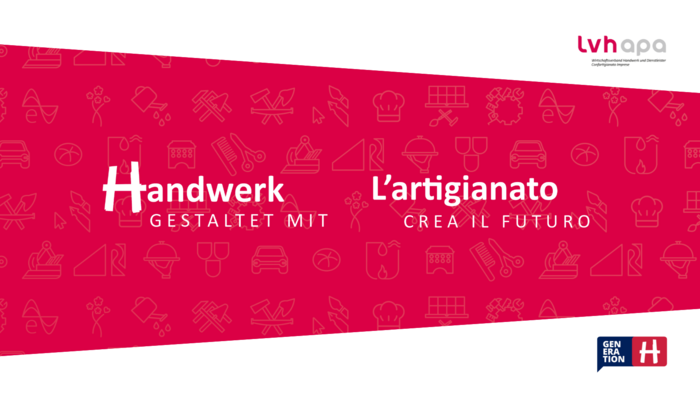 Handwerk gestaltet mit! Rotes Banner mit dem Text Handwerk gestaltet mit und Icons von Werkzeugen