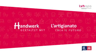 News Rotes Banner mit dem Text Handwerk gestaltet mit und Icons von Werkzeugen