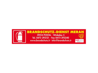 Partner Logo Brandschutz-Dienst Meran mit Feuerlöscher und Kontaktdaten.