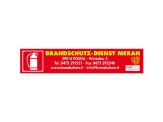Partner Logo Brandschutz-Dienst Meran mit Feuerlöscher und Kontaktdaten.