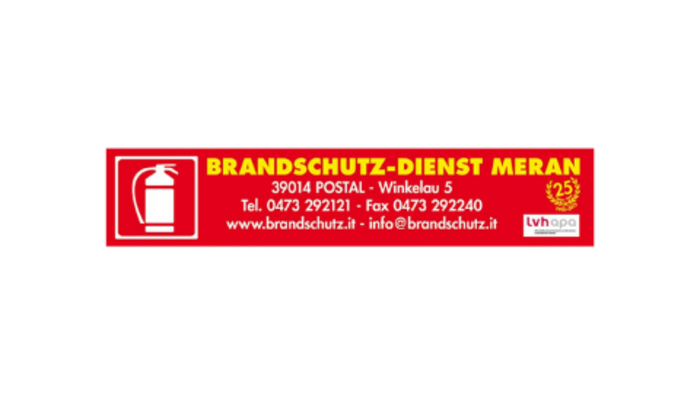 Partner Logo Brandschutz-Dienst Meran mit Feuerlöscher und Kontaktdaten.