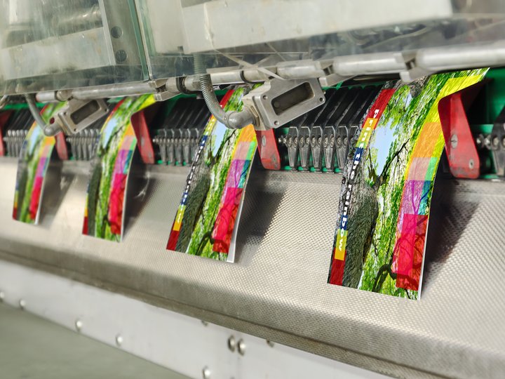 Ausbildung Druckmaschine druckt farbige Broschüren mit Baum und Naturmotiven