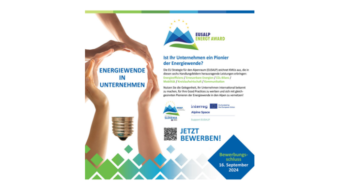 EUSALP Energy Award sucht KMU-Energiepioniere: Bewerbung bis zum 16. September möglich EUSALP Energy Award Aufruf zur Bewerbung für Pioniere der Energiewende in Unternehmen