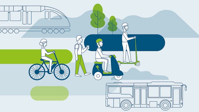 Home Diversi mezzi di trasporto ecologici e pedoni in un paesaggio stilizzato