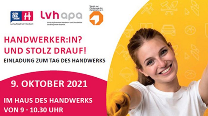 Einladung zum Tag des Handwerks 2021 Einladung zum Tag des Handwerks am 9. Oktober 2021 mit lächelnder Handwerkerin