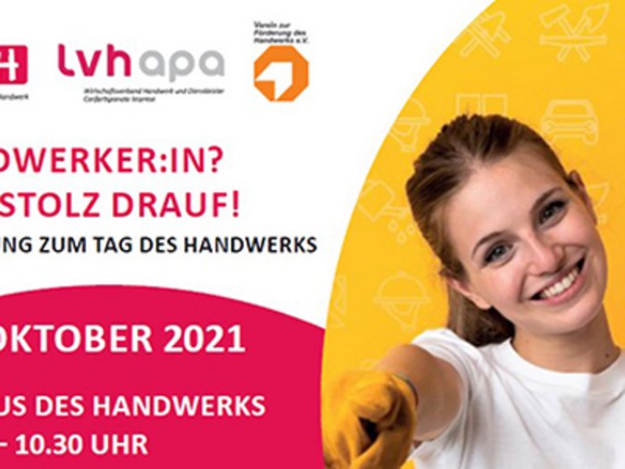 Einladung zum Tag des Handwerks 2021 Einladung zum Tag des Handwerks am 9. Oktober 2021 mit lächelnder Handwerkerin
