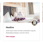 Zitat-Element Drei Karten mit Bildern von Essen, einem Bett und Text auf Holz- und Stoffhintergrund