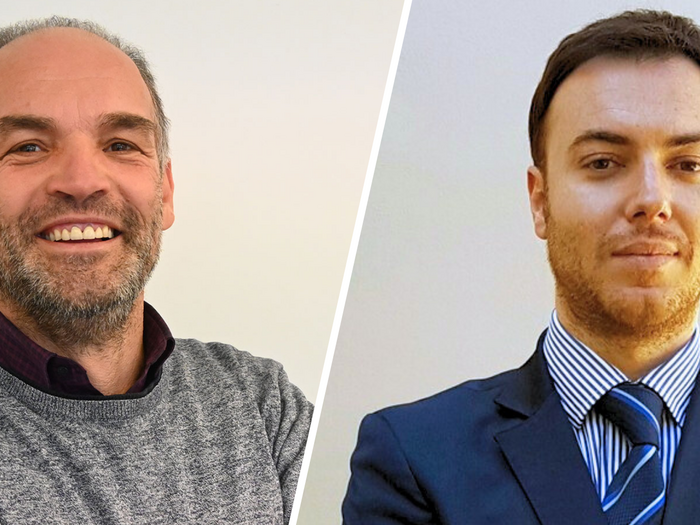 Zukunft des Warenverkehrs: lvh im Austausch mit Confartigianato Trasporti Porträts von zwei Männern, einer lächelnd in Pullover, der andere ernst in Anzug und Krawatte